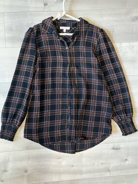 Blousology Black Plaid Button-Down Shirt with Pink & Cream Accents in size large